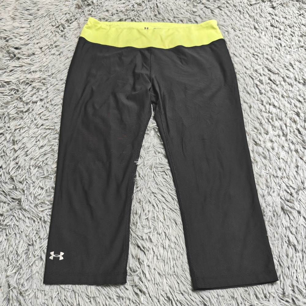 Under Armour Heatgear Leggings Womens Medium Black Neon Yellow Capri Activewear